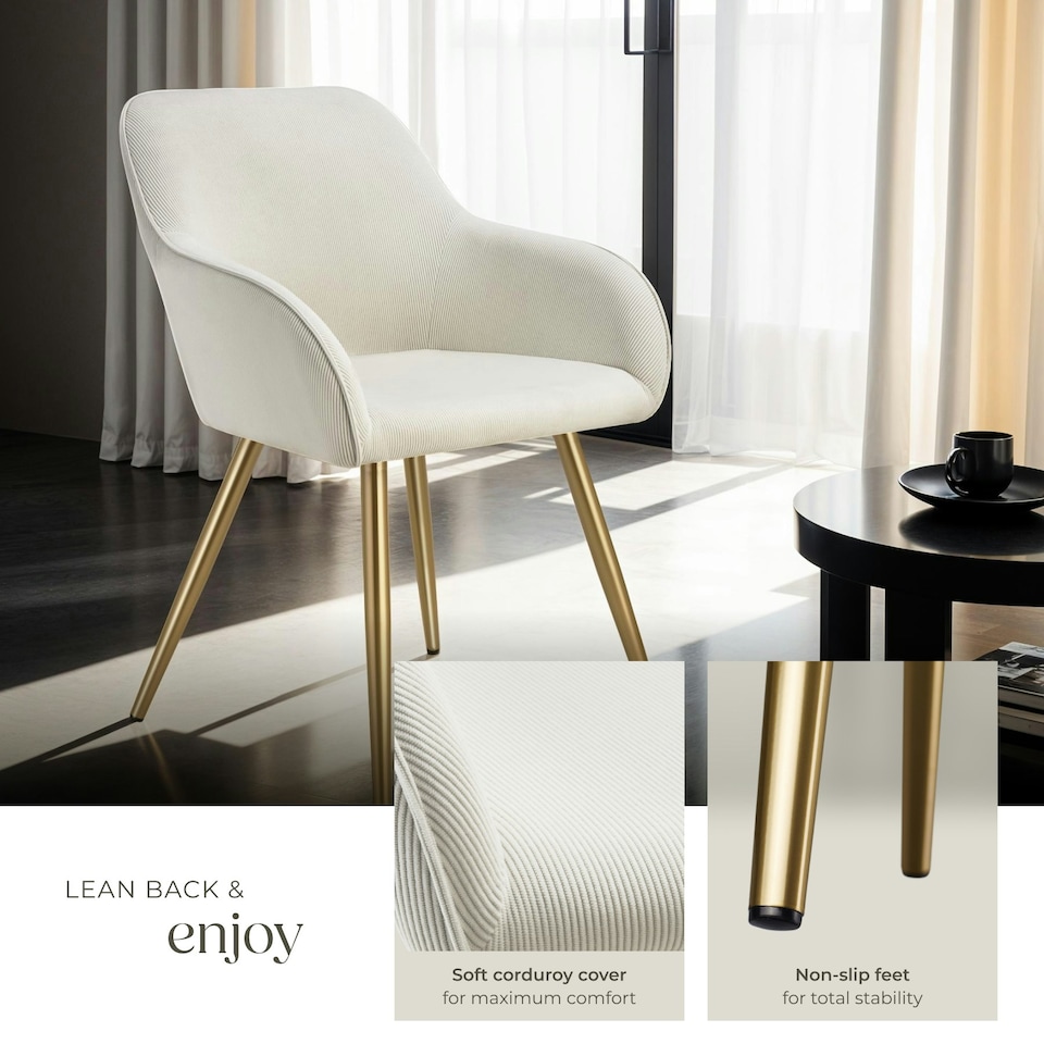 image 1 of Dining Chair Marilyn - corduroy look, upholstered, armchair, continuous backrest - Set of 6 Cream | Cream/Gold