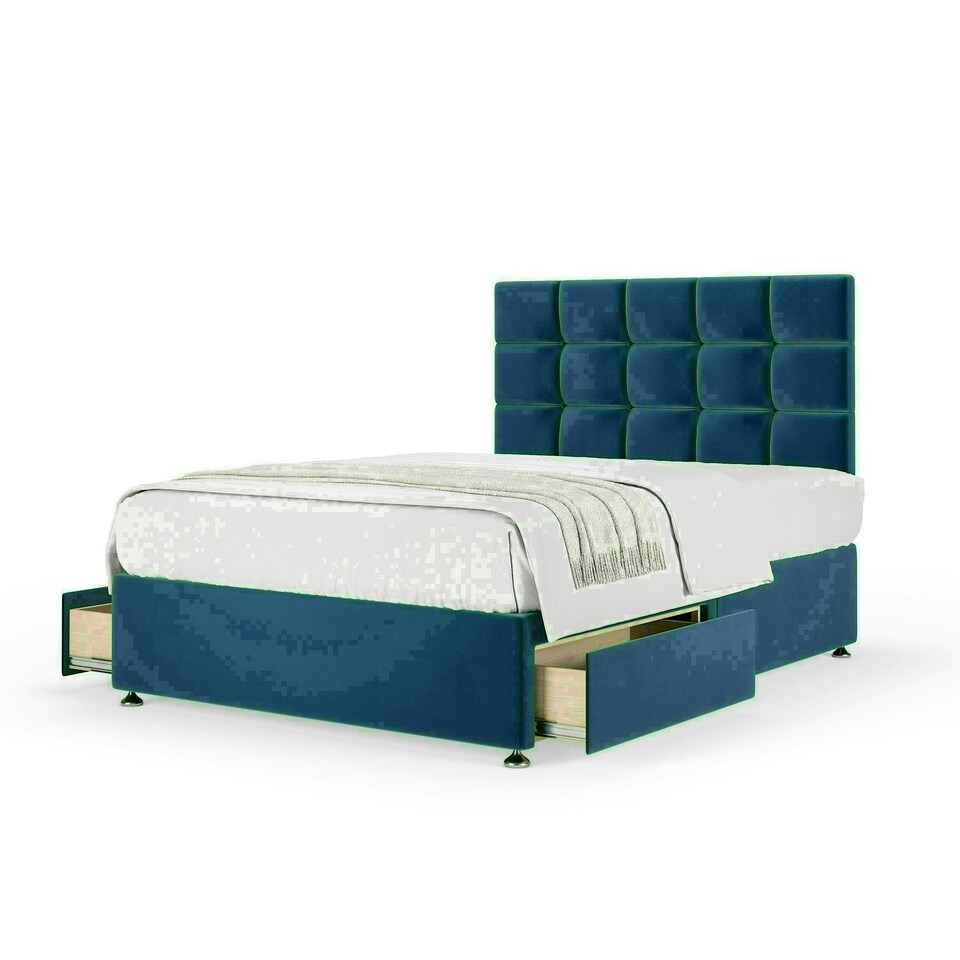 Marine Blue Plush Velvet 2 Drawer Divan Base and Pearl Headboard Super King