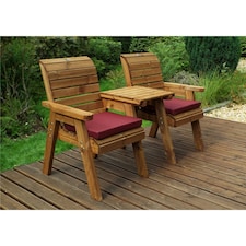 Wooden Straight Love Seat With 2 x Chair Cushion Burgundy & 1 x Fitted Cover