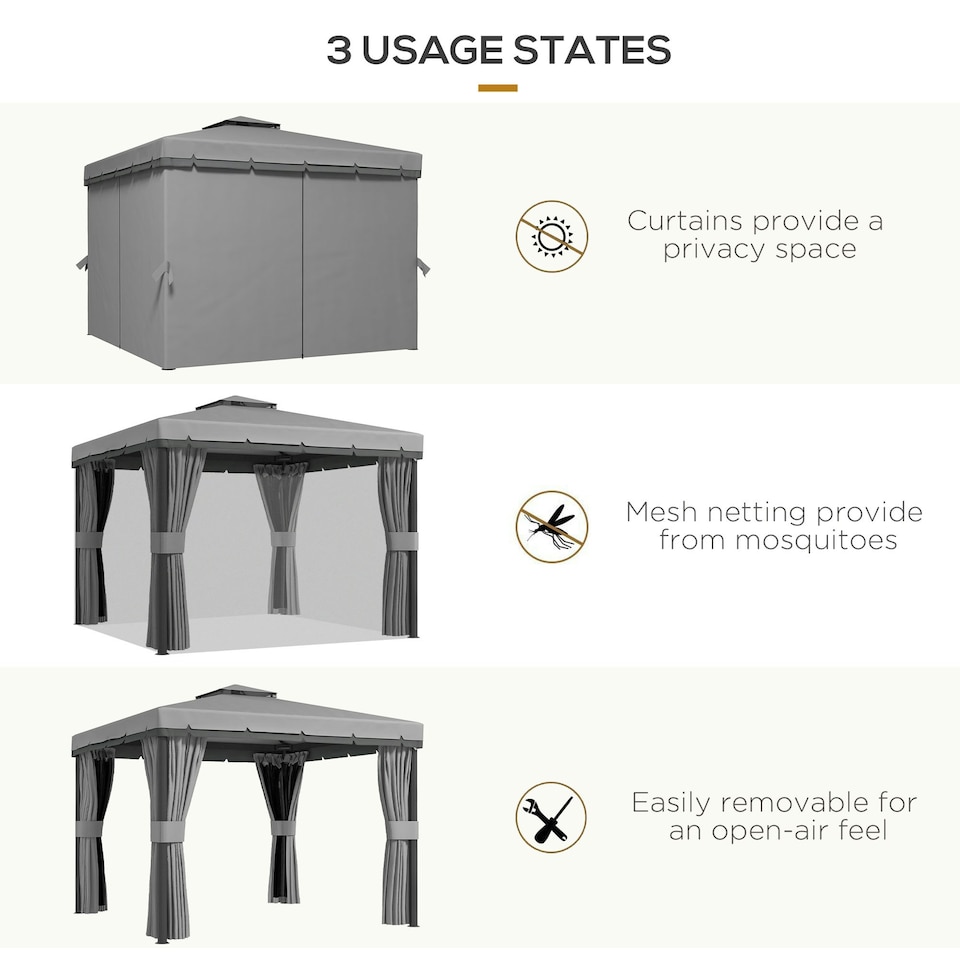 image 1 of Outsunny 3 x 3(m) Patio Gazebo Garden Shelter w/ Mosquito Netting, Light Grey