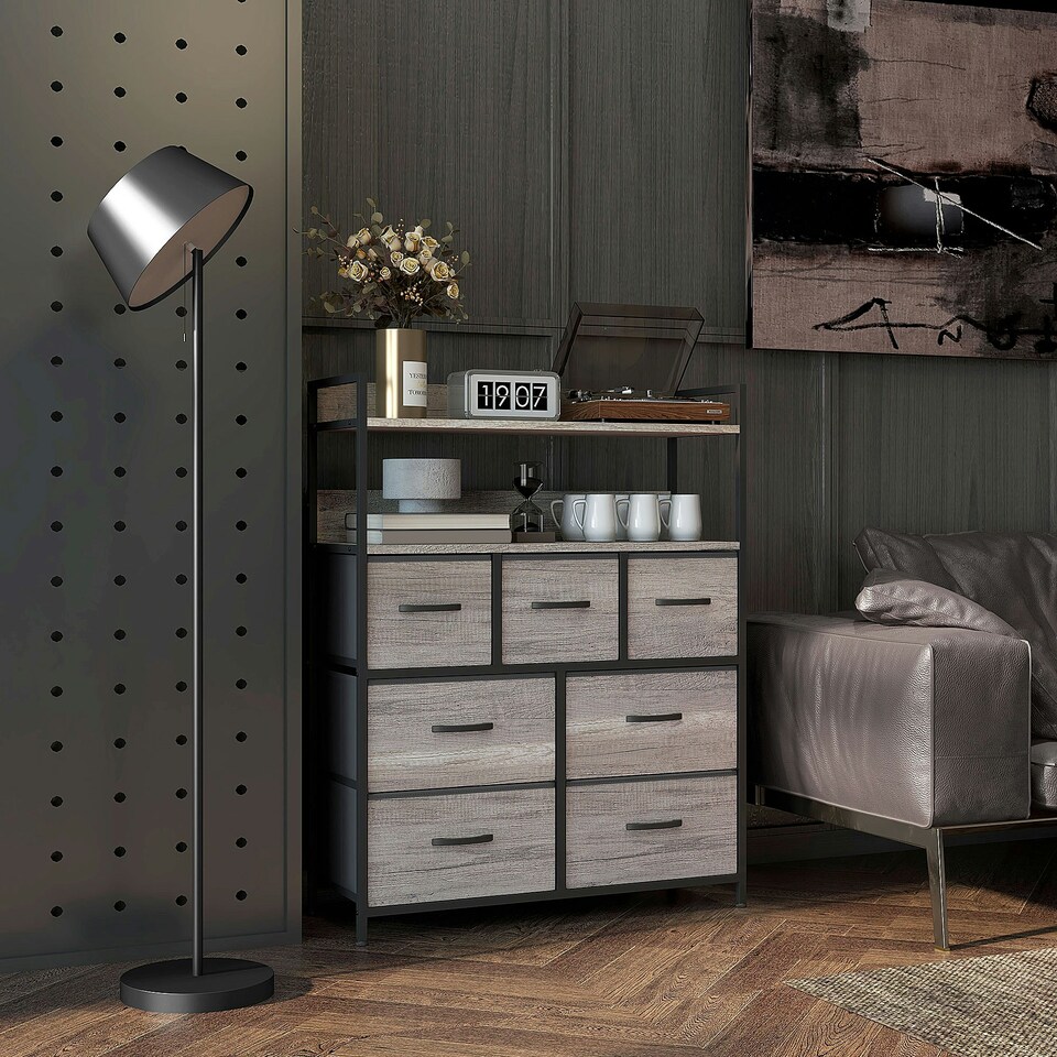 image 1 of HOMCOM Bedroom Chest of Drawers 7 Drawer Dresser w/ Shelves, Grey Wood Effect