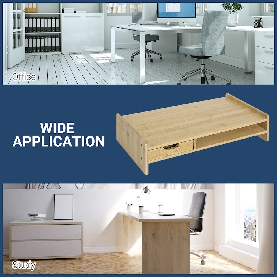 image 1 of HOMCOM Monitor Riser Laptop PC Plinth Stand Desktop Organiser W/ Drawer Bamboo