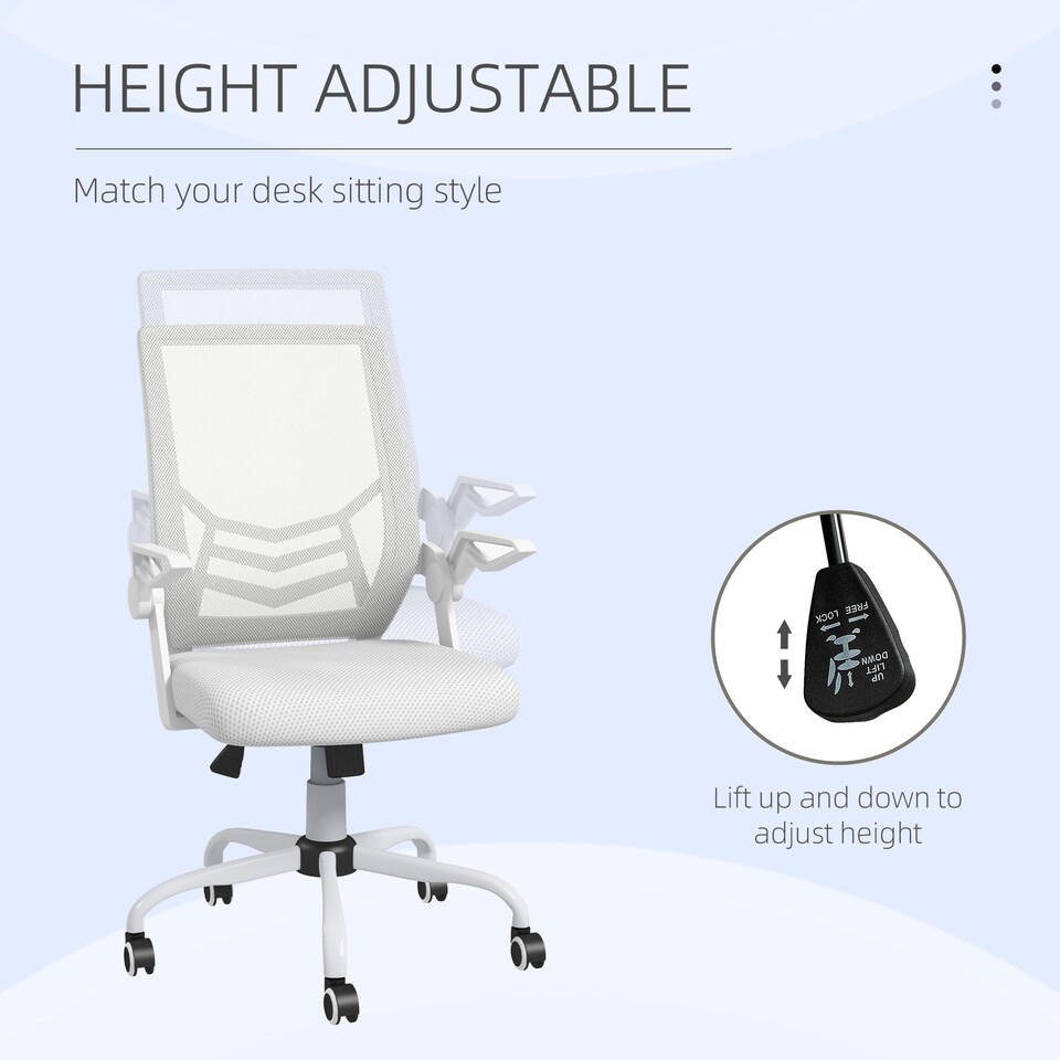 image 1 of Vinsetto Office Chair with Flip-up Armrest, Mid Back Desk Chair with Mesh Back, Lumbar Support, Adjustable Height, Swivel Wheels for Home, White