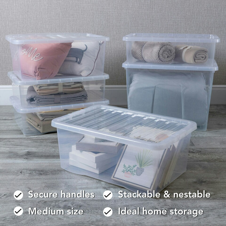 image 1 of Wham Crystal 5 x 45L Stackable Plastic Storage Boxes with Lids Clear