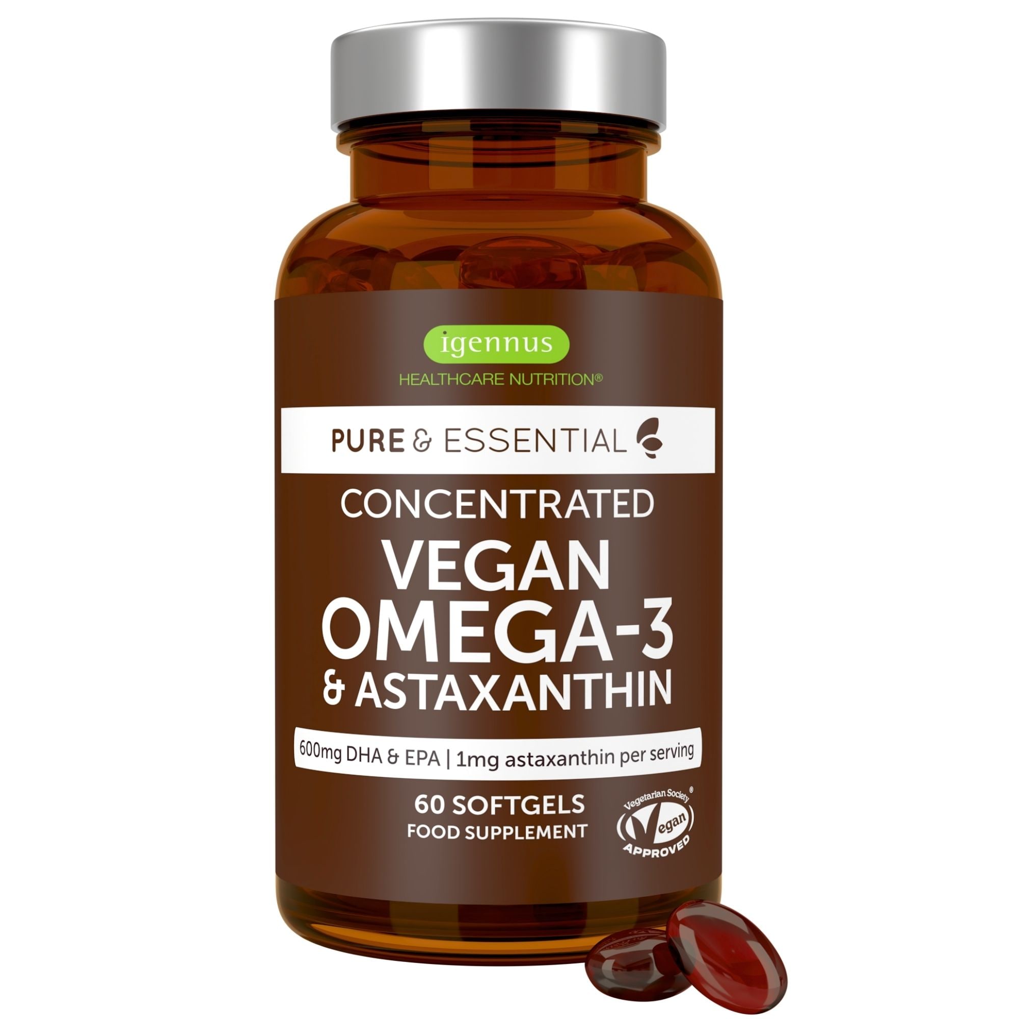 Igennus Vegan Omega-3 Algae Oil, 400mg DHA & 200mg EPA & Astaxanthin, 60 Softgels
