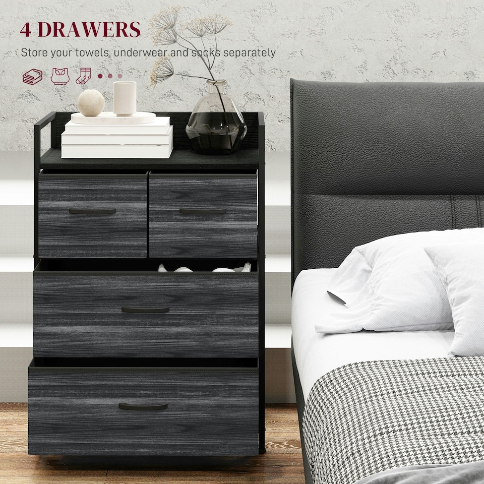 image 1 of HOMCOM Bedroom Chest of Drawers 4 Drawer Dresser w/ Shelf, Black Black