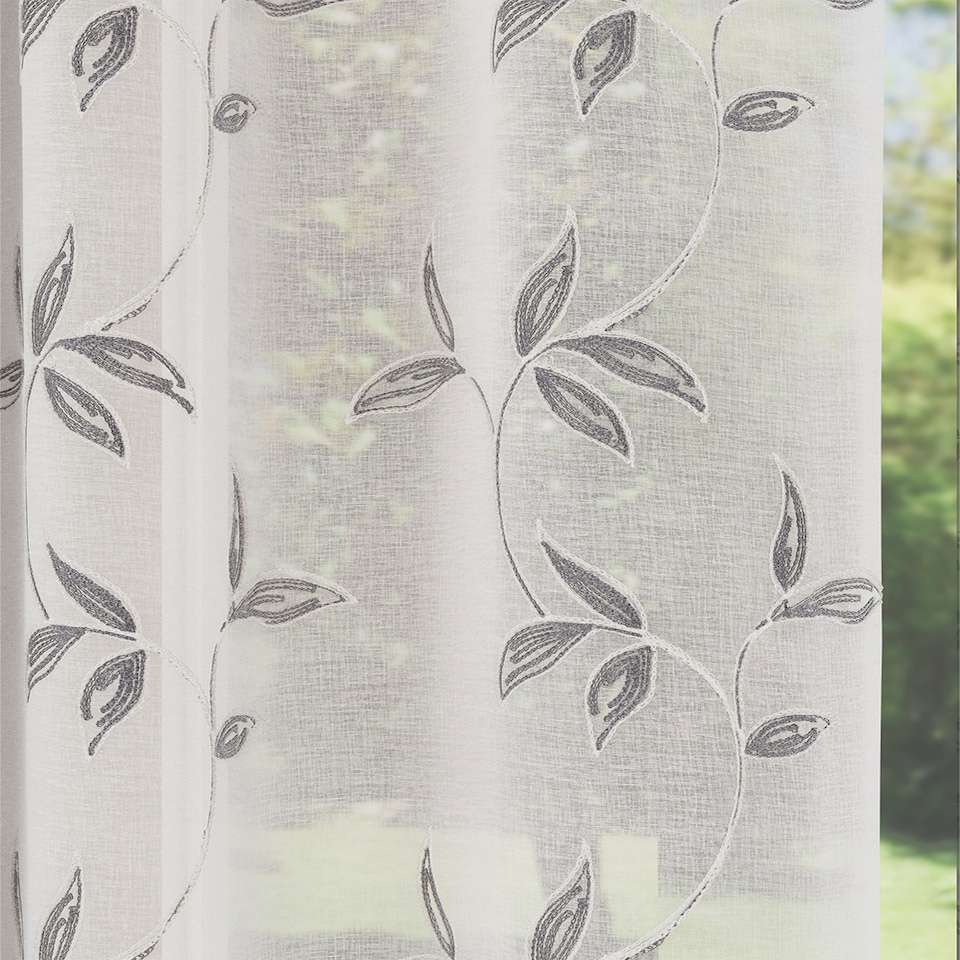 image 1 of Oasis Grey Embroidered Leaf Design Voile Panels - Pair 140 x 183cm (55x72")