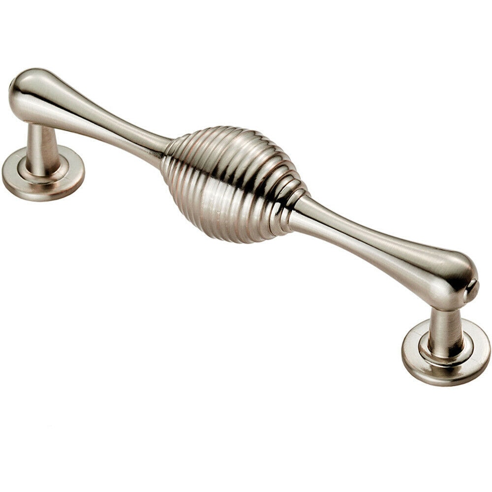 Loops Reeded Beehive Handle on Round Rose & Stem 128mm Fixing Centres Satin Nickel in Metallics