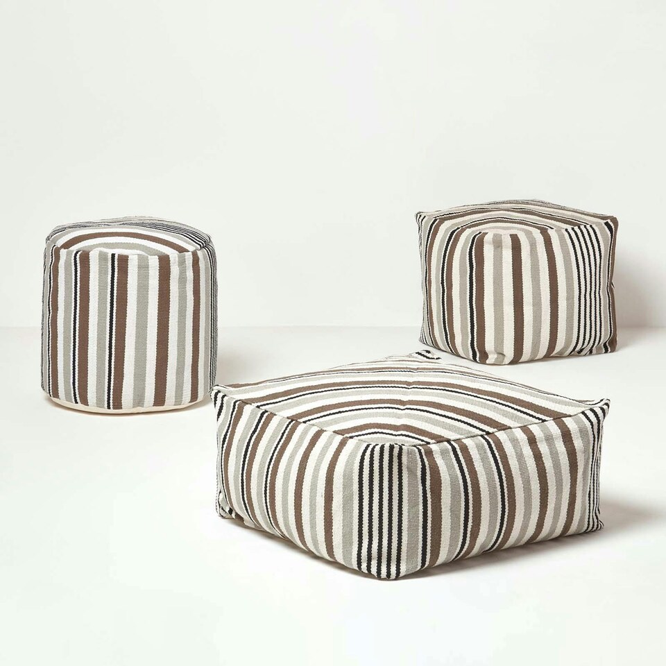 image 1 of Homescapes Grey, Black and White Stripe Beanbag Cube Pouffe Large - 60 x 60 x 30 cm | Grey | 60 x 60 x 30 cm