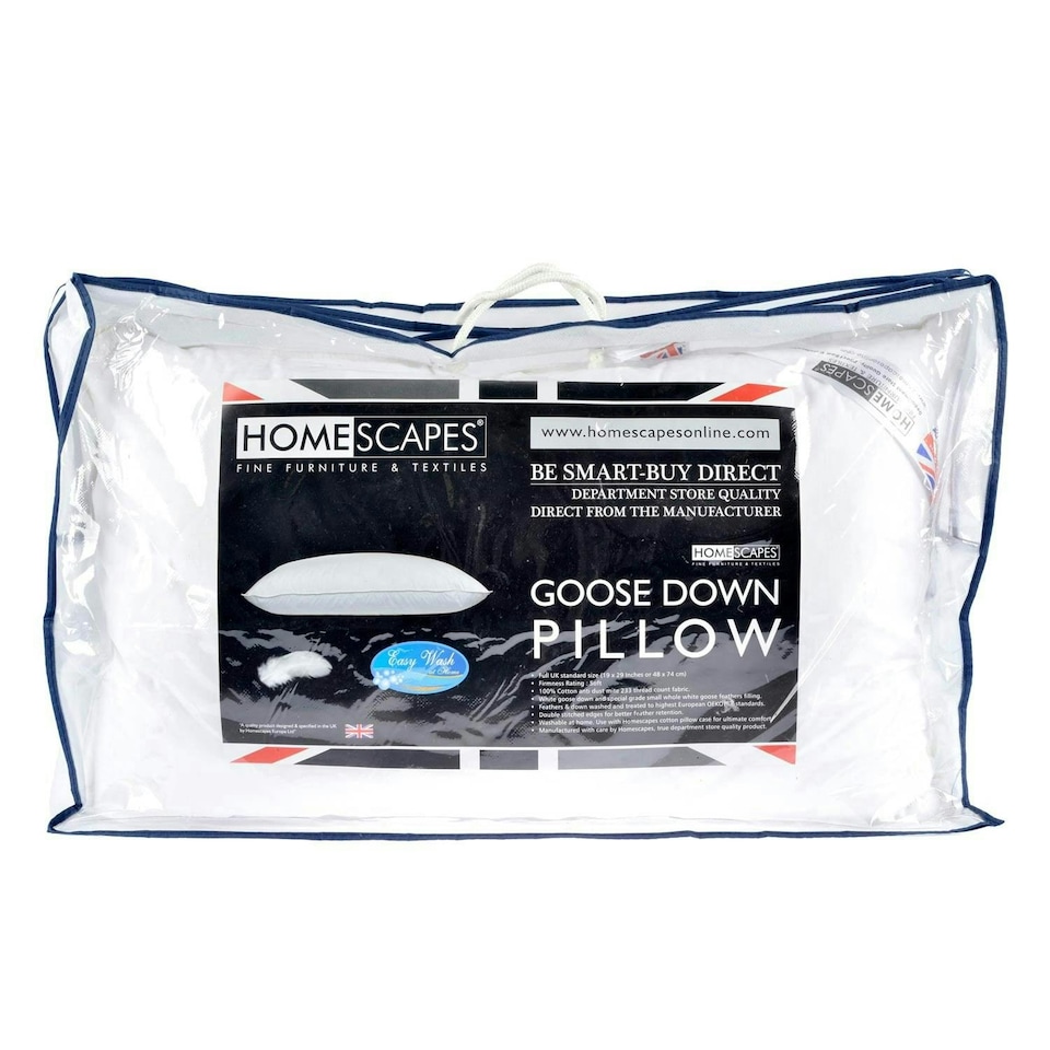 image 1 of Homescapes Goose Down Pillow | White | 48cm x 74cm (19" x 29")