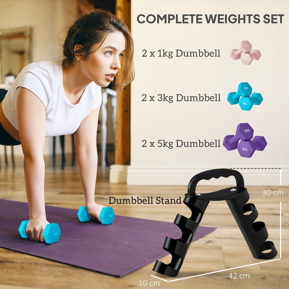 image 1 of SPORTNOW Dumbbells Set with Storage Rack, 2 x 1kg, 2 x 3kg, 2 x 5kg, Pink