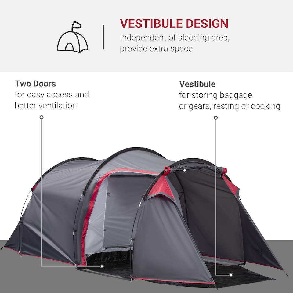image 1 of Outsunny 3 Man Camping Tent with 2 Rooms Porch Vents Rainfly Weather-Resistant