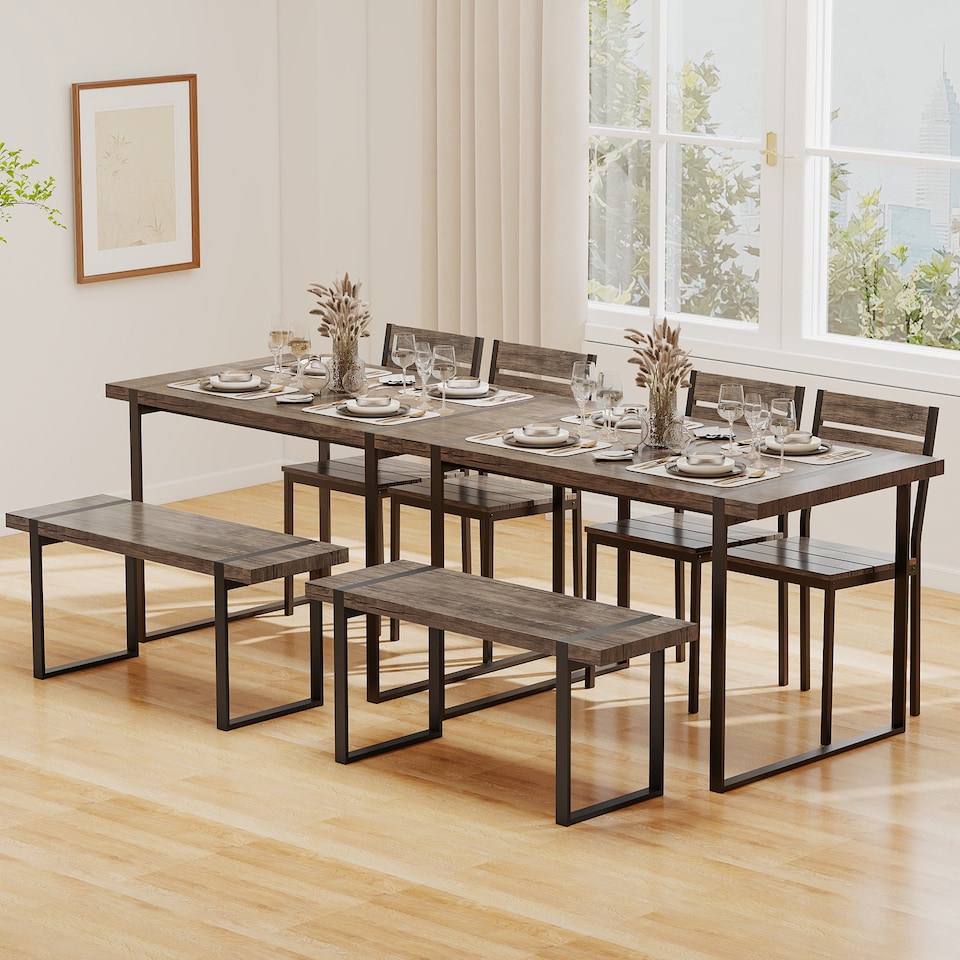 image 1 of COSTWAY 4-Piece Dining Table Set for 4 Wooden Rectangular Kitchen Table-Grey