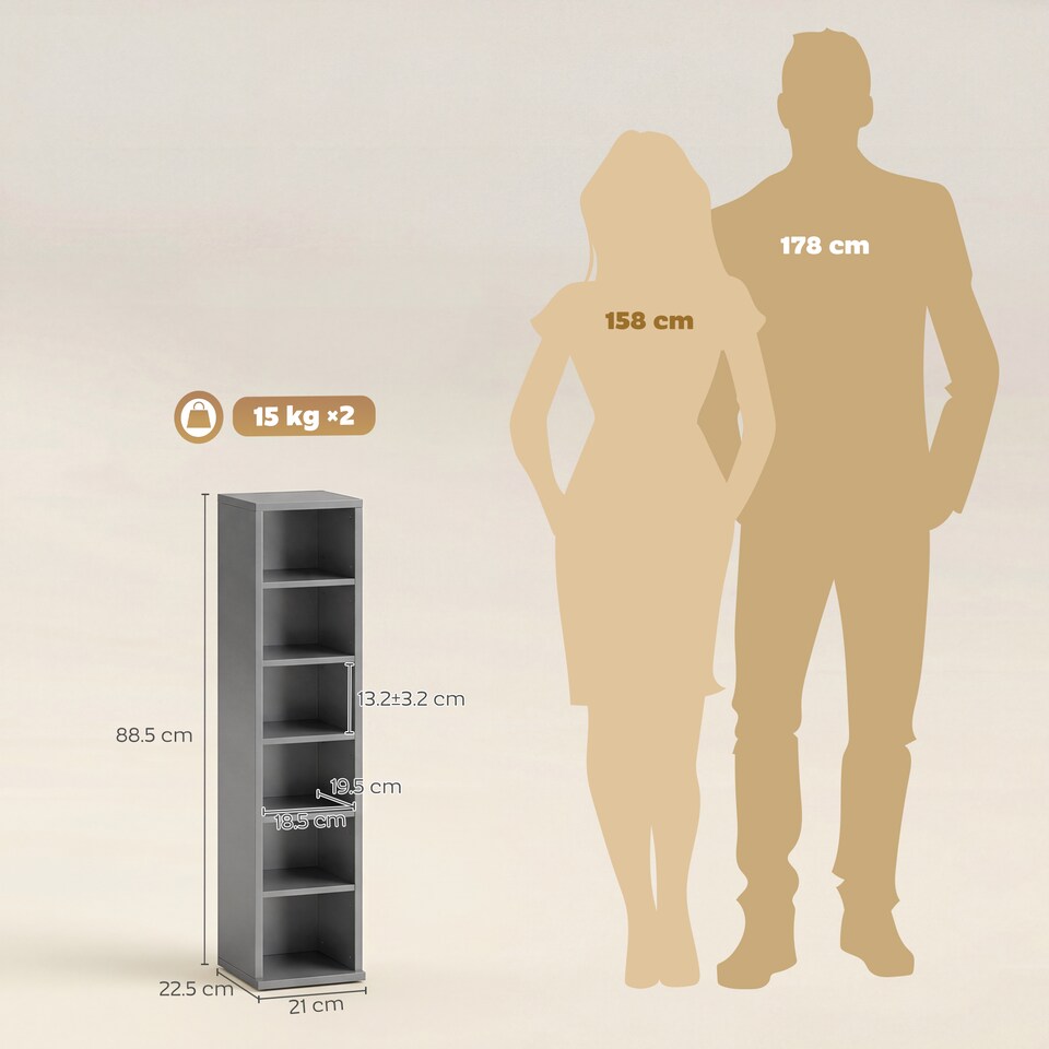 image 1 of HOMCOM Set of 2 CD Storage Units DVD Shelf with Adjustable Shelves | Grey | Light Grey | 21W x 22.5D x 88.5H cm
