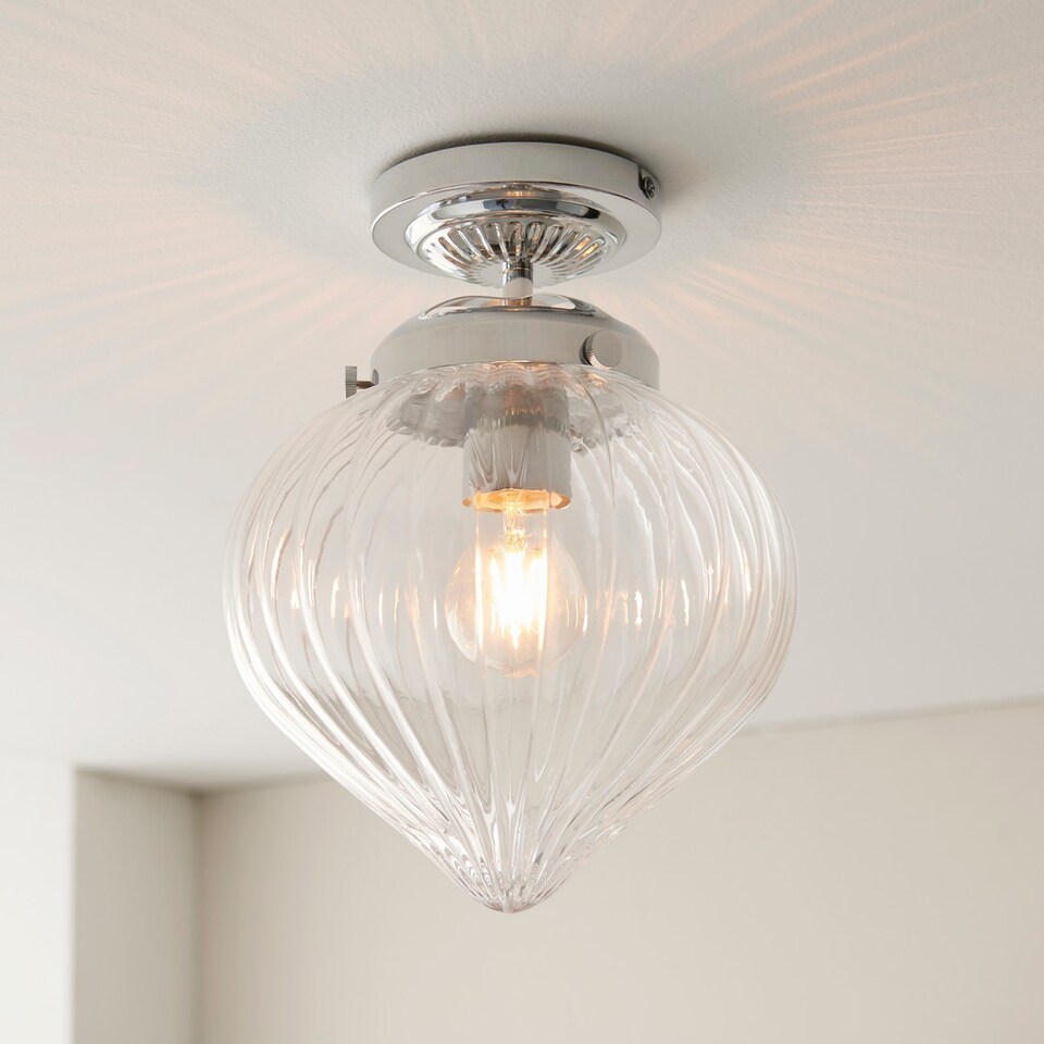 image 1 of Cheston Semi Flush Ceiling Light Chrome, Clear Ribbed Glass Globe Shade, IP44