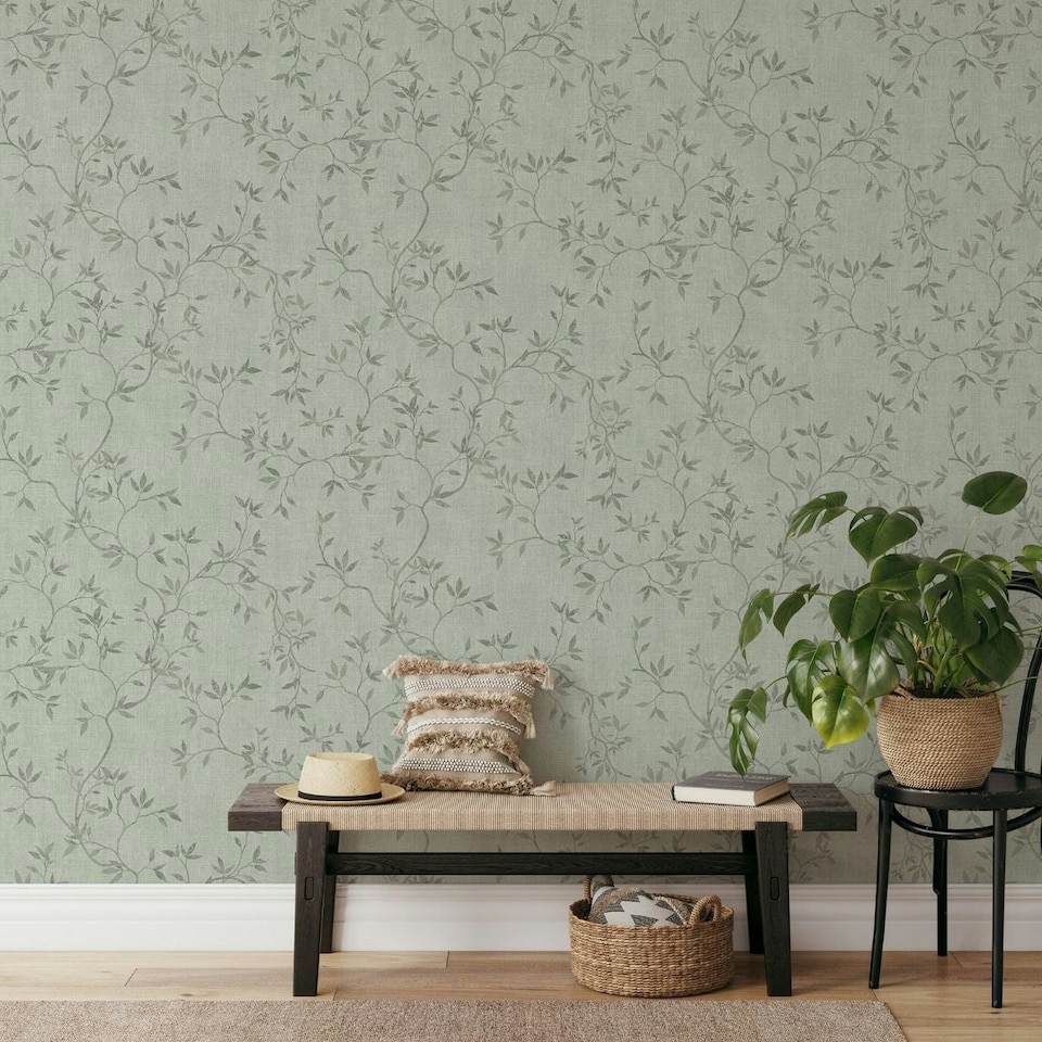image 1 of Muriva Darcy James Collection Japandi Leaf Textured Wallpaper - Green - 10m x 0.5m Green