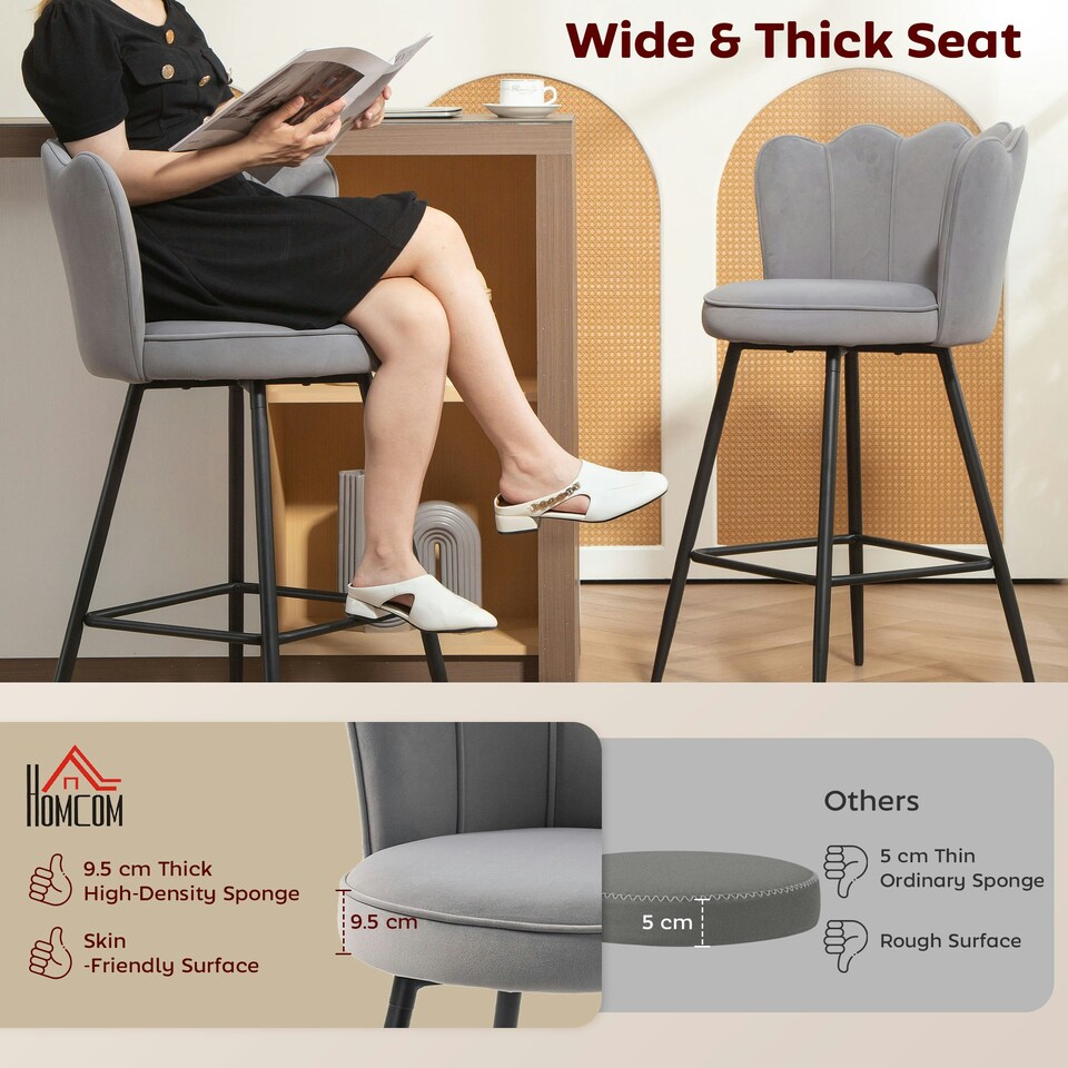 image 1 of HOMCOM Set of 2 Barstools with Petal Backrest for Kitchen Island Grey Grey