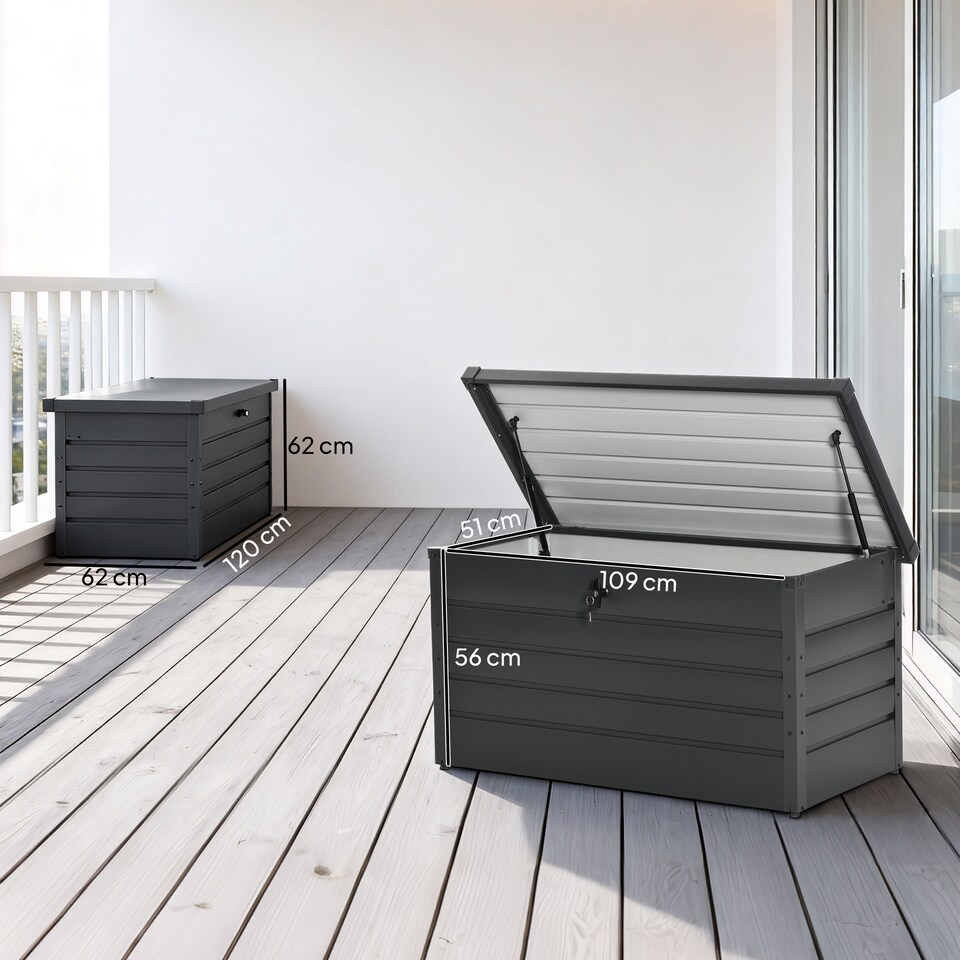 image 1 of Outsunny 311L Garden Storage Box, Outdoor Storage Box Waterproof with Lockable Lid and Gas Rods, Galvanised Steel Deck Box Container for Tools, Cushions, Accessories, Dark Grey