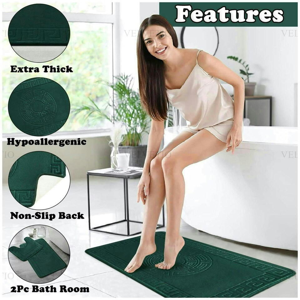 image 1 of VELVETIO Bath Mat Set Greek Pattern Anti Slip Memory Foam Toilet Rug Green