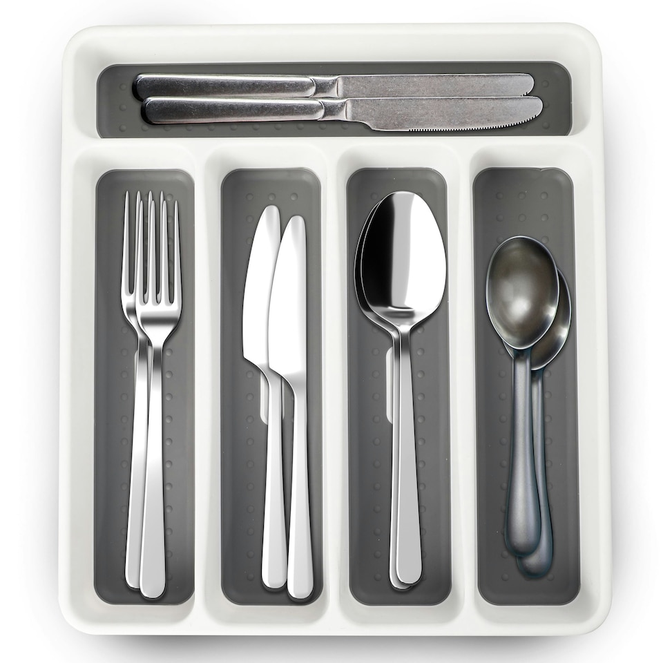 image 1 of Plastic Kitchen Cutlery Tray Organiser Rack Holder Drawer Insert Tidy Storage Grey