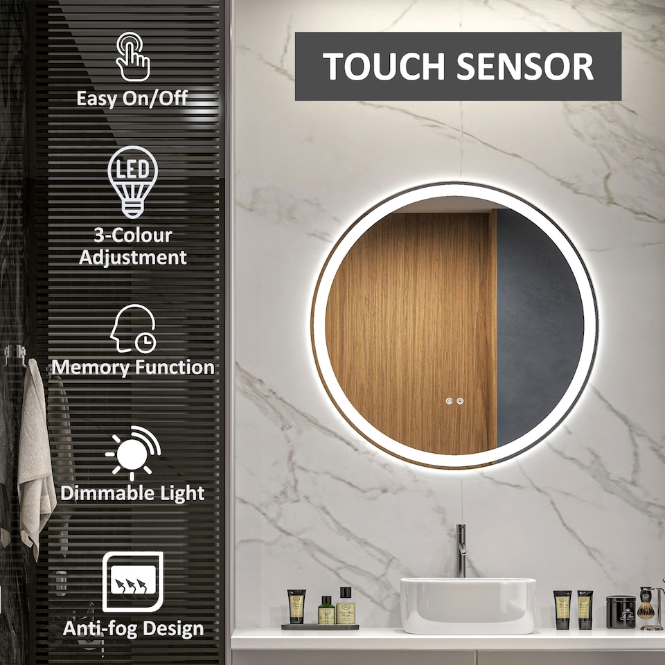 image 1 of kleankin Round Bathroom Mirror with LED Lights, Wall Mount Dimmable Makeup Mirror with 3 Temperature Colours, Defogging Film and Memory Function