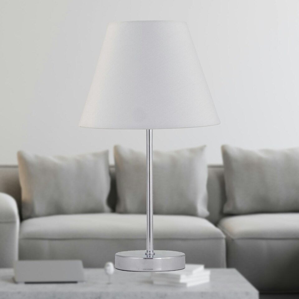 image 1 of Chrome Stick Table Lamp with Ivory Off White Fabric Shade Chrome | Red