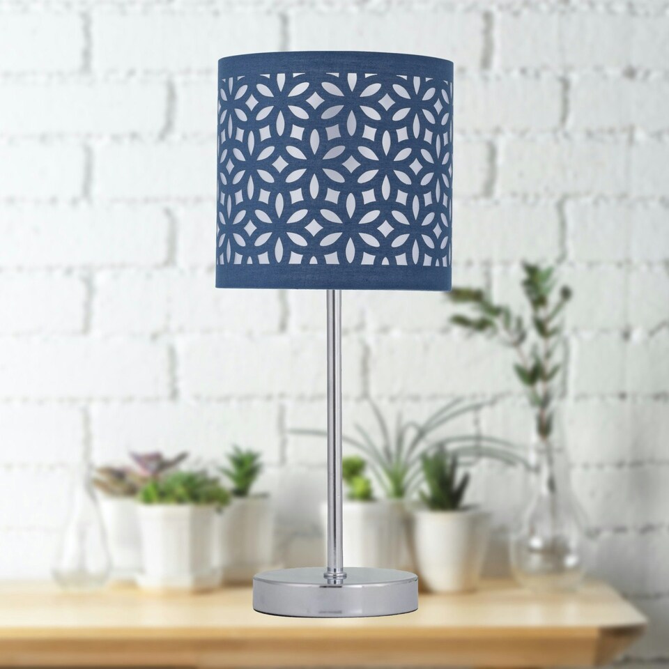 image 1 of First Choice Lighting Chrome Touch Operated Table Lamp with Navy Blue Cut Out Shade Chrome | Blue