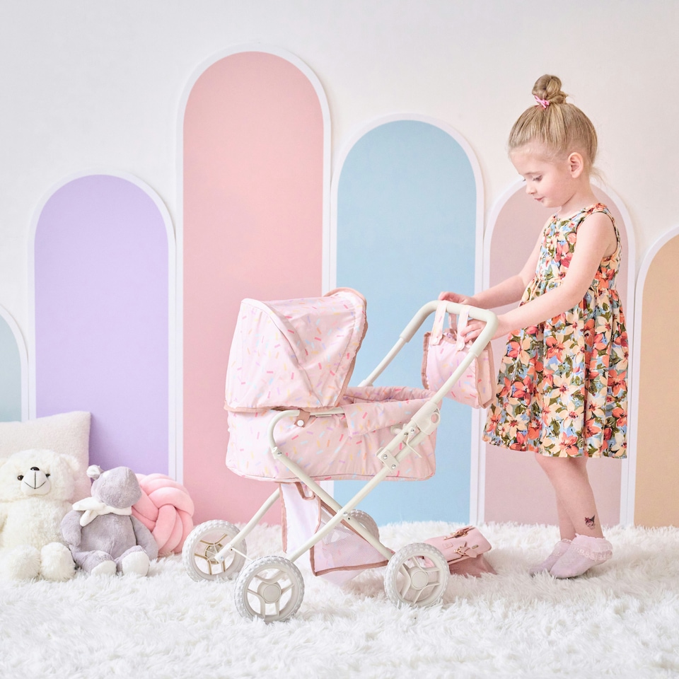 image 1 of Teamson Kids 2-in-1 Classic Doll Stroller in Beige with Removable Bassinet, Adjustable Canopy, Storage Basket & Bag