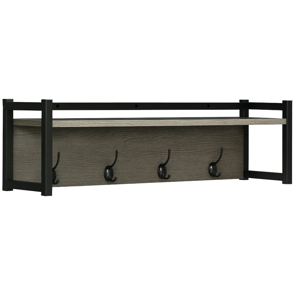 image 1 of HOMCOM Rustic Wall-Mounted Coat Rack Floating Shelf with 4 Hooks for Entryway