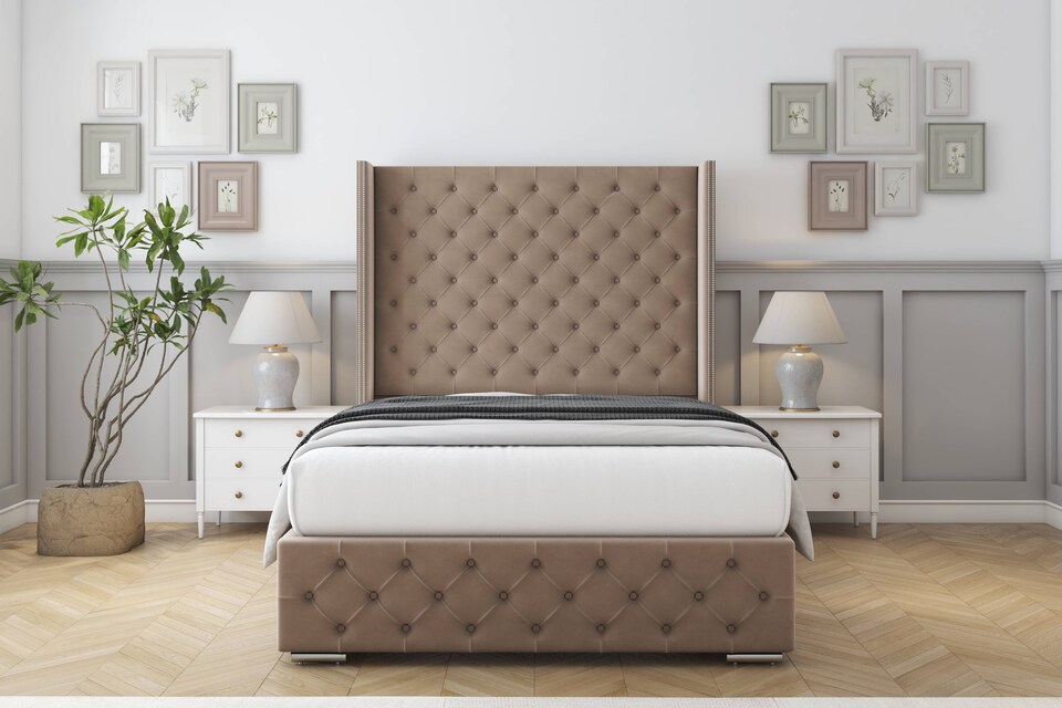 image 1 of Sloomy Arundel Mink Plush Bed Frame With 50"  Upholstered Wingback Headboard 5' King