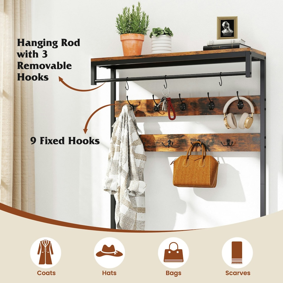 image 1 of COSTWAY Coat Rack Hall Tree with Shoe Storage Bench Brown | One Size