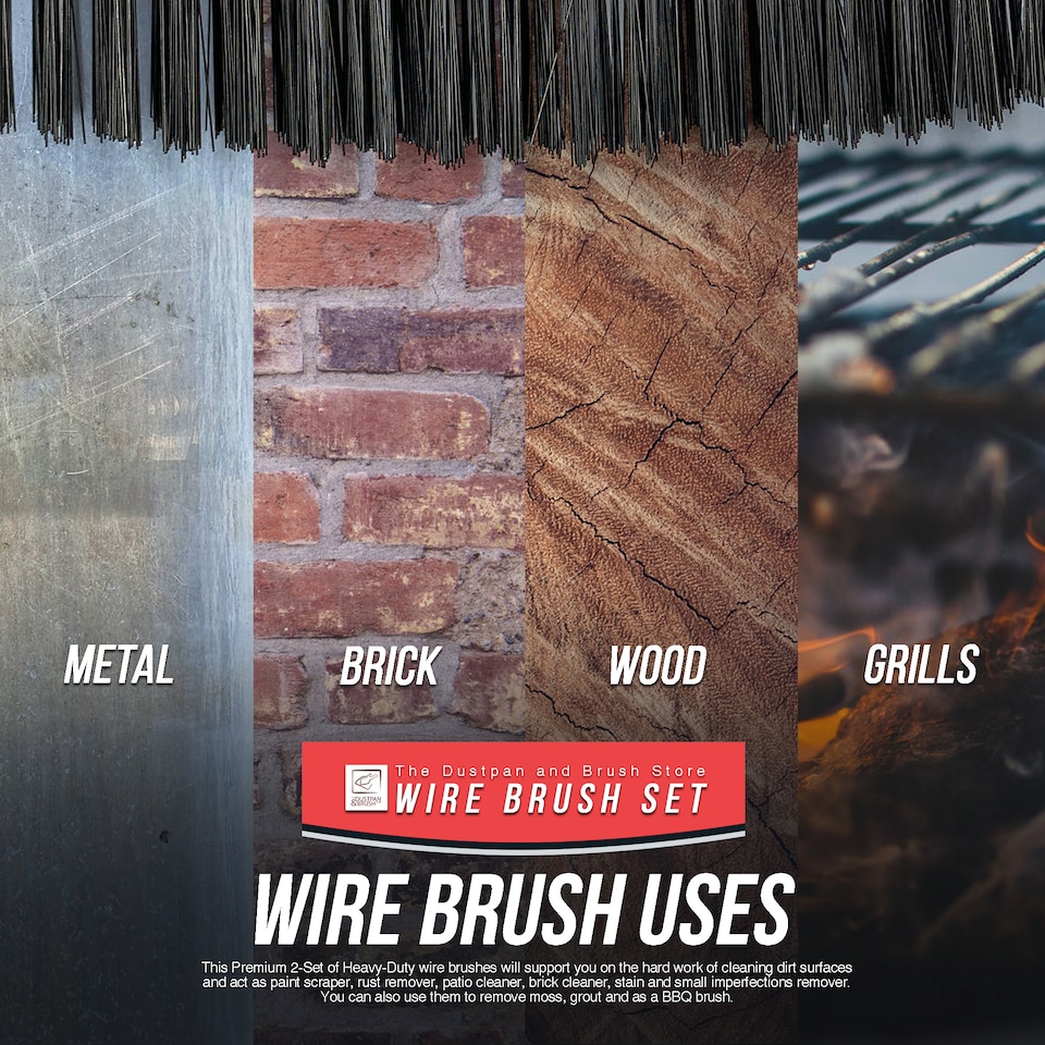 image 1 of Heavy Duty Wire Brush Set Steel Bristle Long Handle, D-Grip Block Rust & Paint Removal Kit