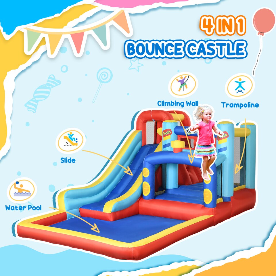 image 1 of Outsunny 4-in-1 Kids Bouncy Castle w Slide, Trampoline, Climbing Wall