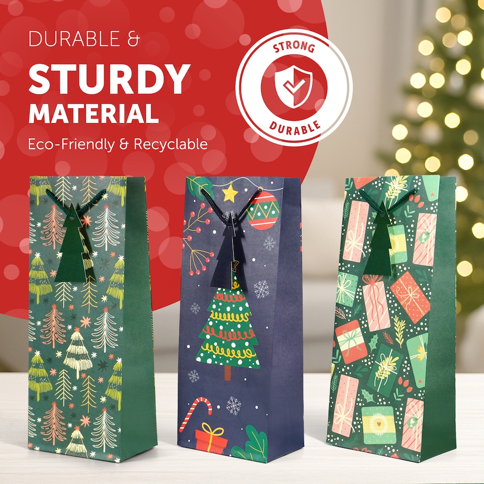 image 1 of Kraft and Co Christmas Wine Bottle Gift Bags with Cord Handles, 3 Pack