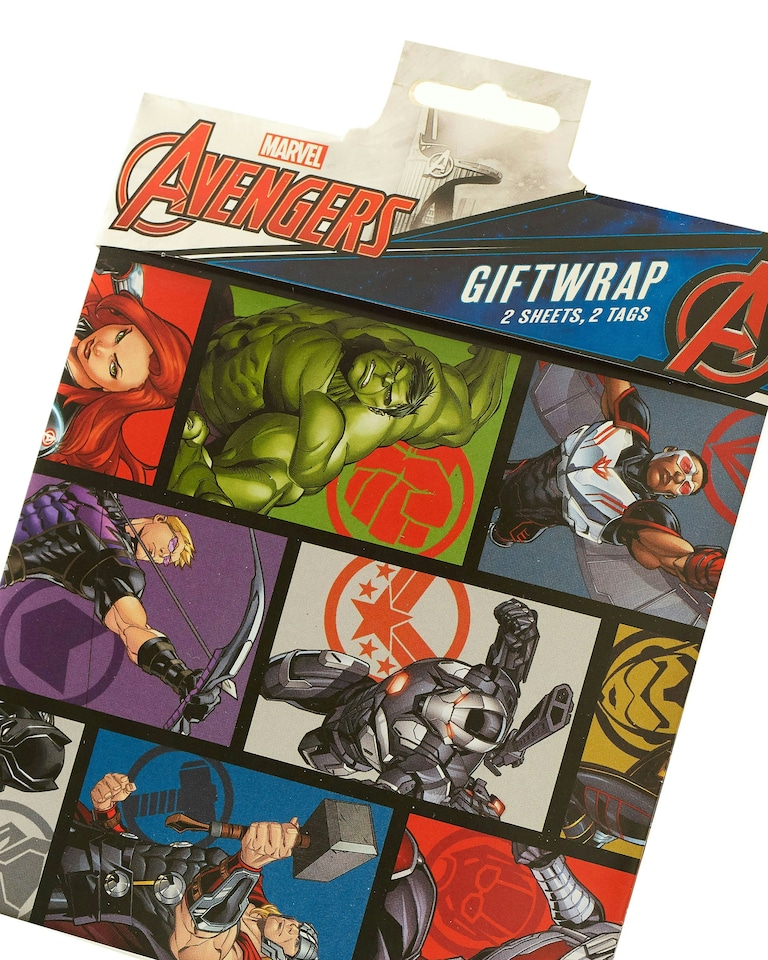 image 1 of Multipack of 6 Sheets of Wrapping Paper & 6 Tags | Birthdays | For Boys | Marvel Avengers Design | Blue