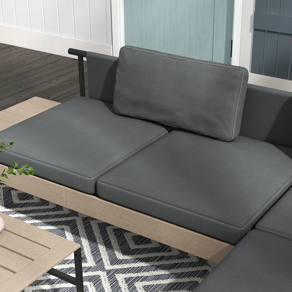 image 1 of Outsunny HDPE Garden Furniture Sets with Cushions, Table, L-Shaped Sofa, Grey | Grey