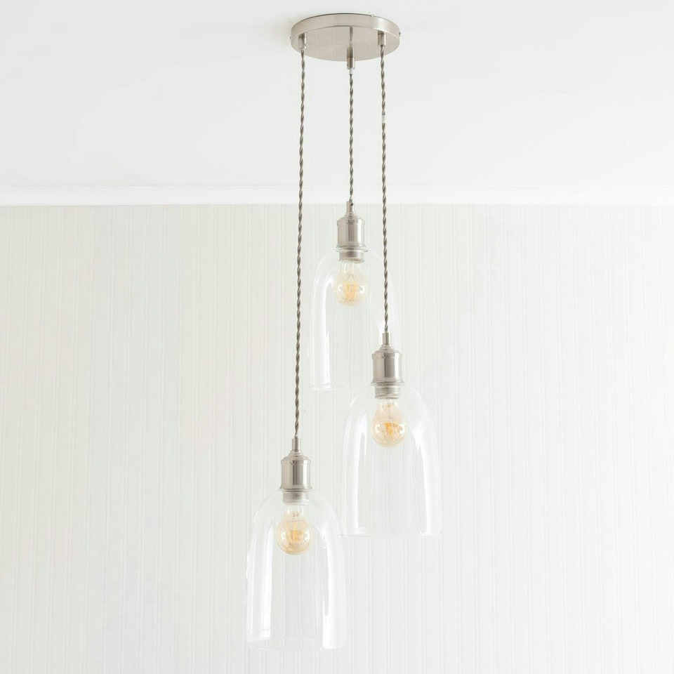 image 1 of ValueLights Kira Glass Dome 3 Drop Cluster Brushed Chrome Ceiling Pendant Light with Bulbs | Silver