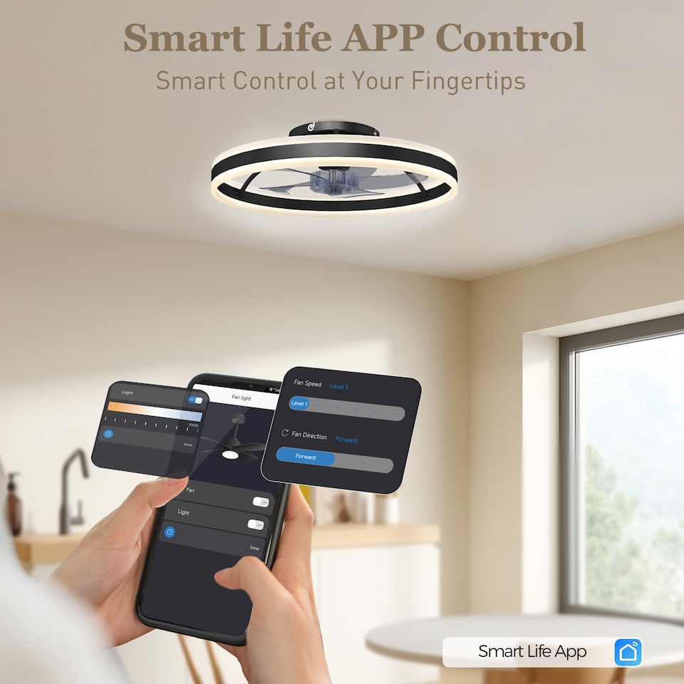 image 1 of HOMCOM Ceiling Fan with Light and Remote, 3 Colour Temperatures, 50cm | Black | Black, Transparent | 50 x 50 x 13.5 cm