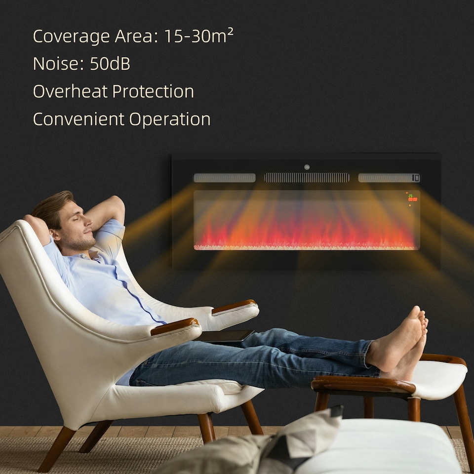 image 1 of HOMCOM 102cm Electric Fireplace Recessed and Wall Mounted Electric Fire Black