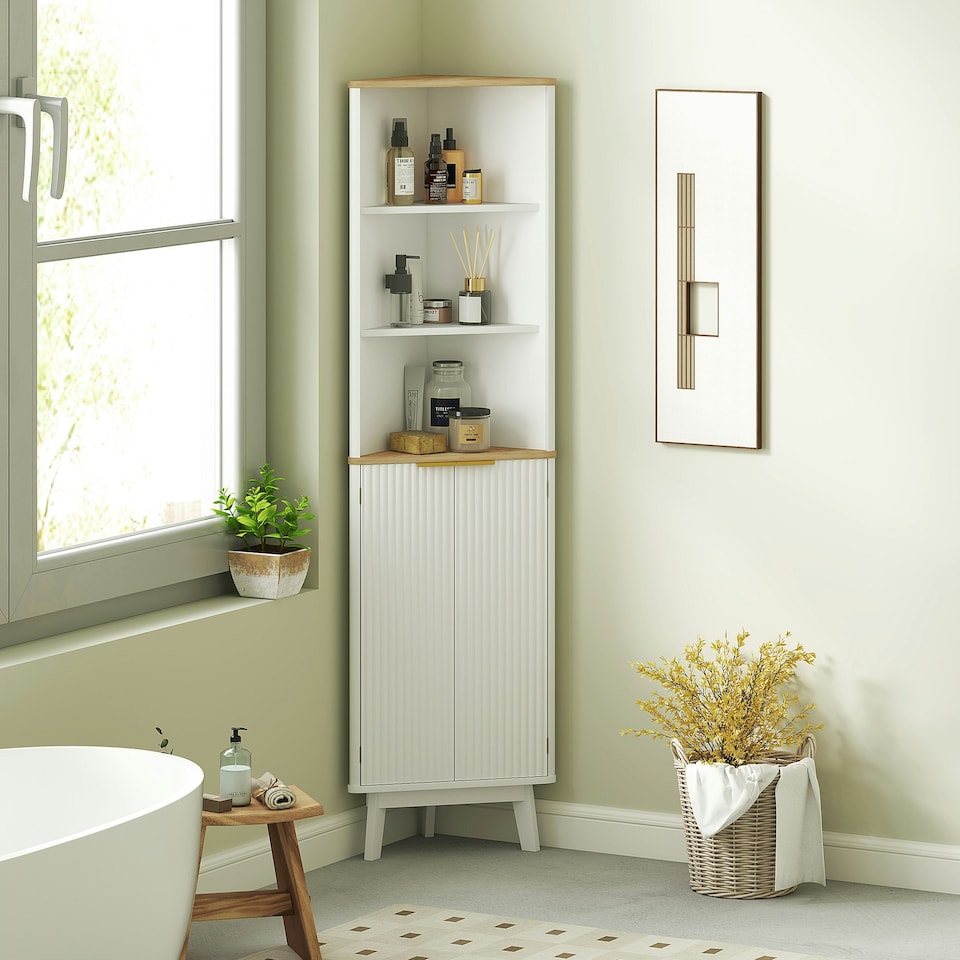 image 1 of HOMCOM Slim Bathroom Cabinet, Bathroom Storage Cabinet with Doors, White | White