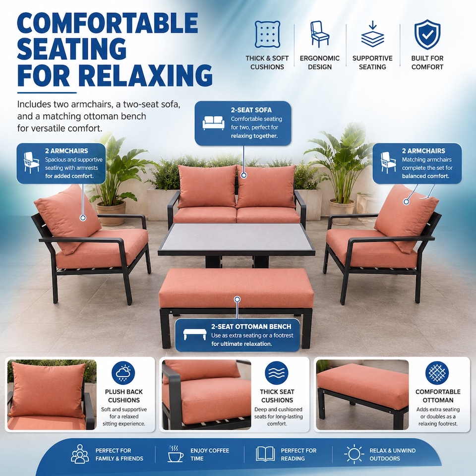 image 1 of 4 Seater 5 Piece Aluminium Garden Sofa Dining Set with Gas Lift Table, Ottoman Bench & Terracotta Cushions