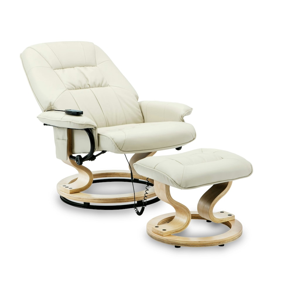 image 1 of Tuscany Bonded Leather Swivel Recliner Massage Chair w Footstool (Cream)