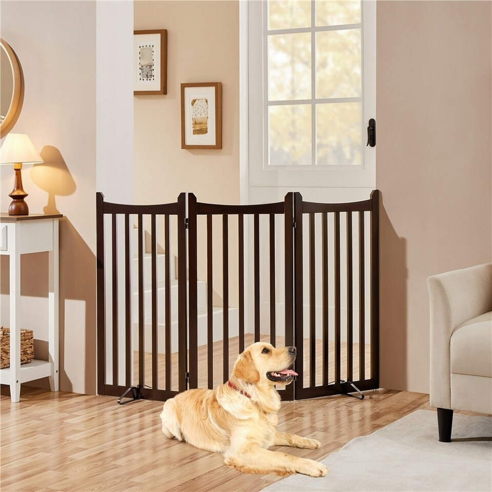 image 1 of Yaheetech 3-Panel Pet Puppy Fence with Two Support Feet, 50 × 90.5 cm | Multi | Espresso | Not provided