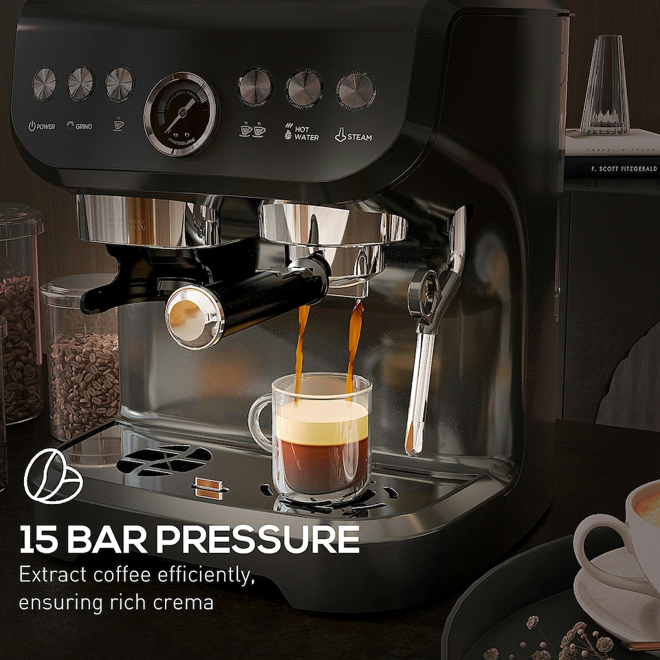 image 1 of HOMCOM Espresso Machine, Bean Grinder & Steam Wand, 15 Bar Pressure, Black