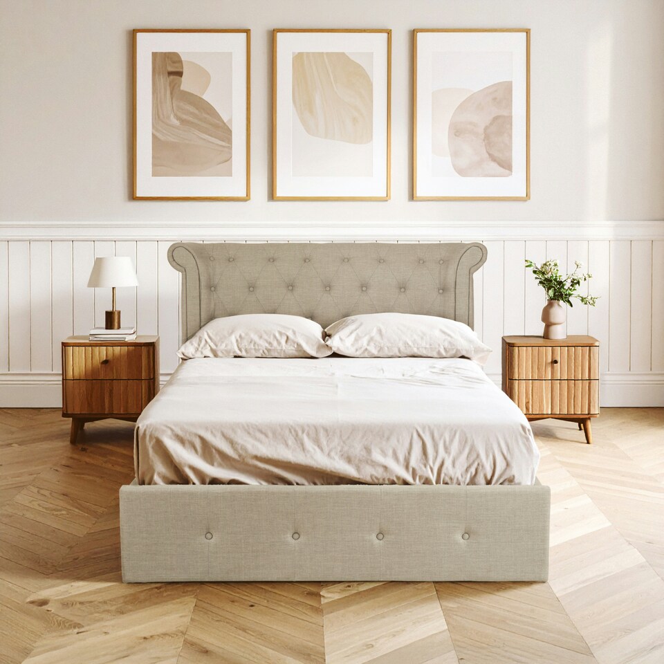 image 1 of Interiors By Premier Contemporary Light Grey Double Ottoman Bed, Elegant Winged Headboard Bedroom Bed, Ottoman Stud Detailed Bed