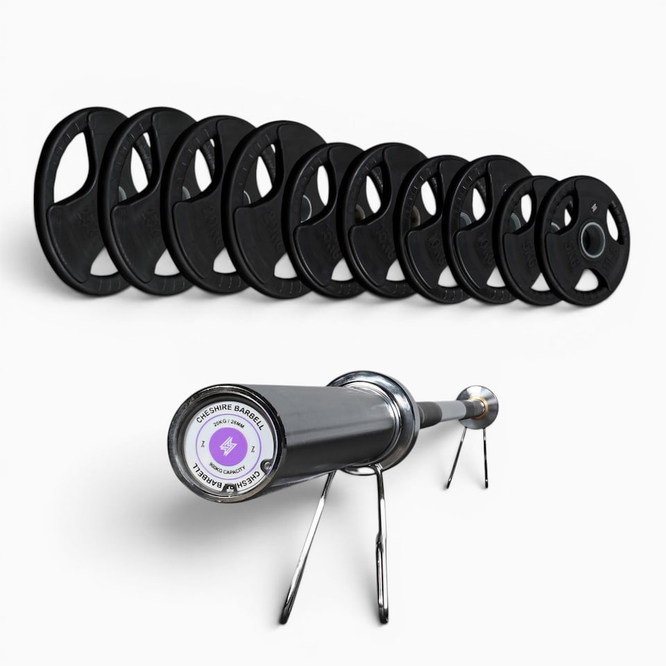 image 1 of GYM SETS Tri Grip Olympic Weight Plates- (150kg Set / With 7ft Cheshire Barbell + Clips)