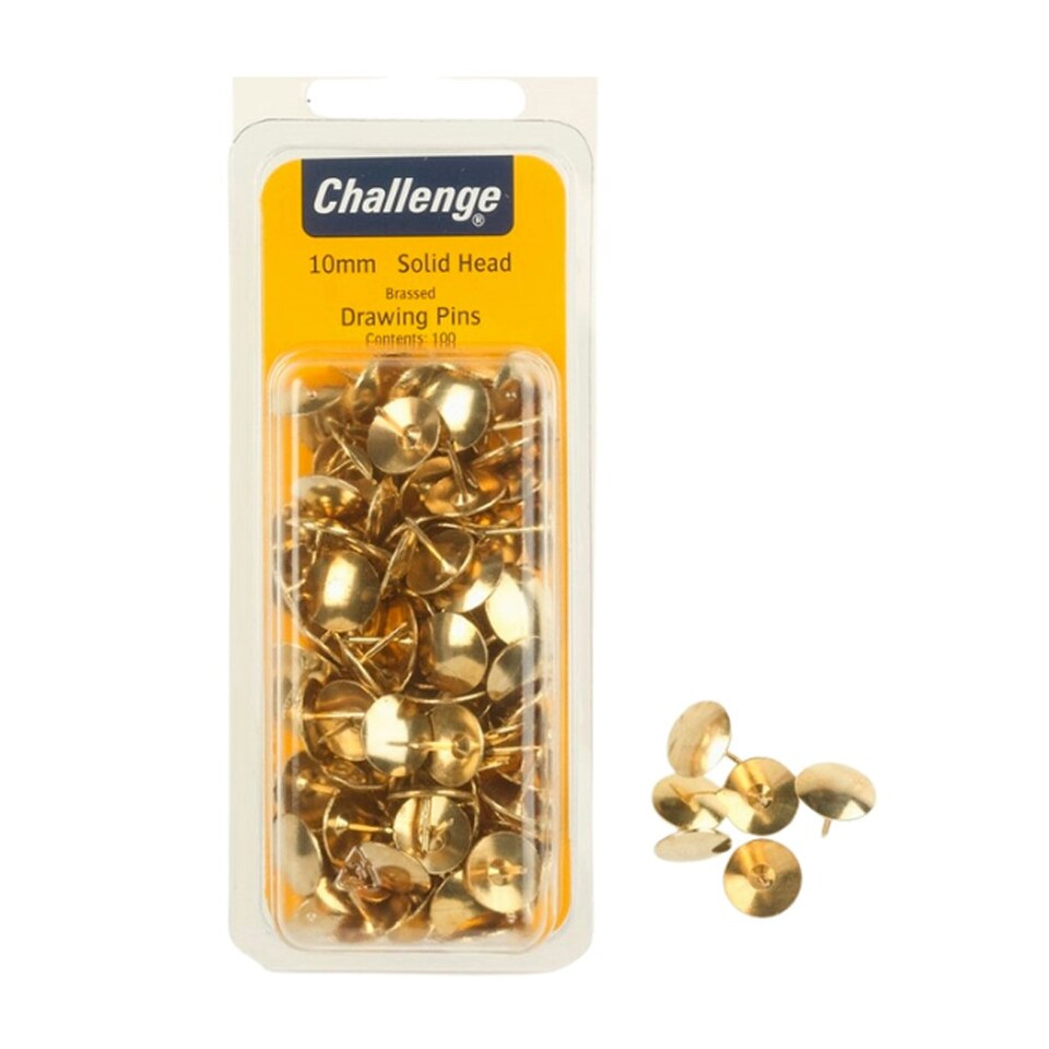Challenge Brass Plated Solid Head Drawing Pins Clam Pack 100pk - One Colour - One Size