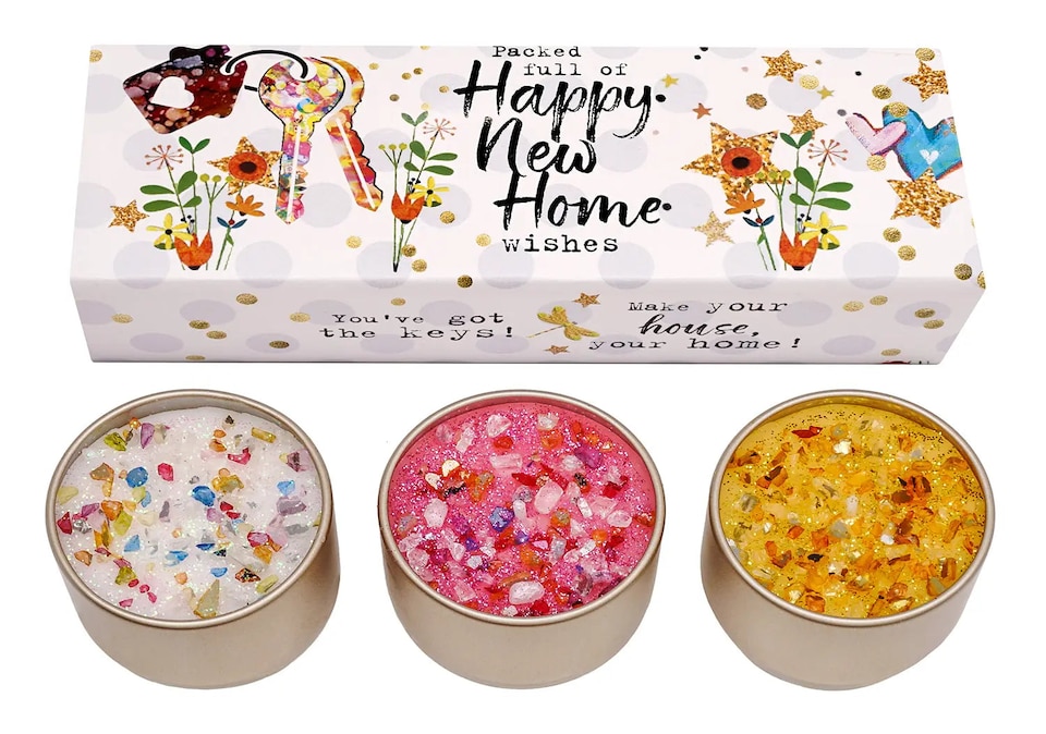 image 1 of Happy New Home Scented Candle Trio Luxury Housewarming Gift Set Including Classic Cotton Whispering Bamboo and Gold Dust 3 Pack