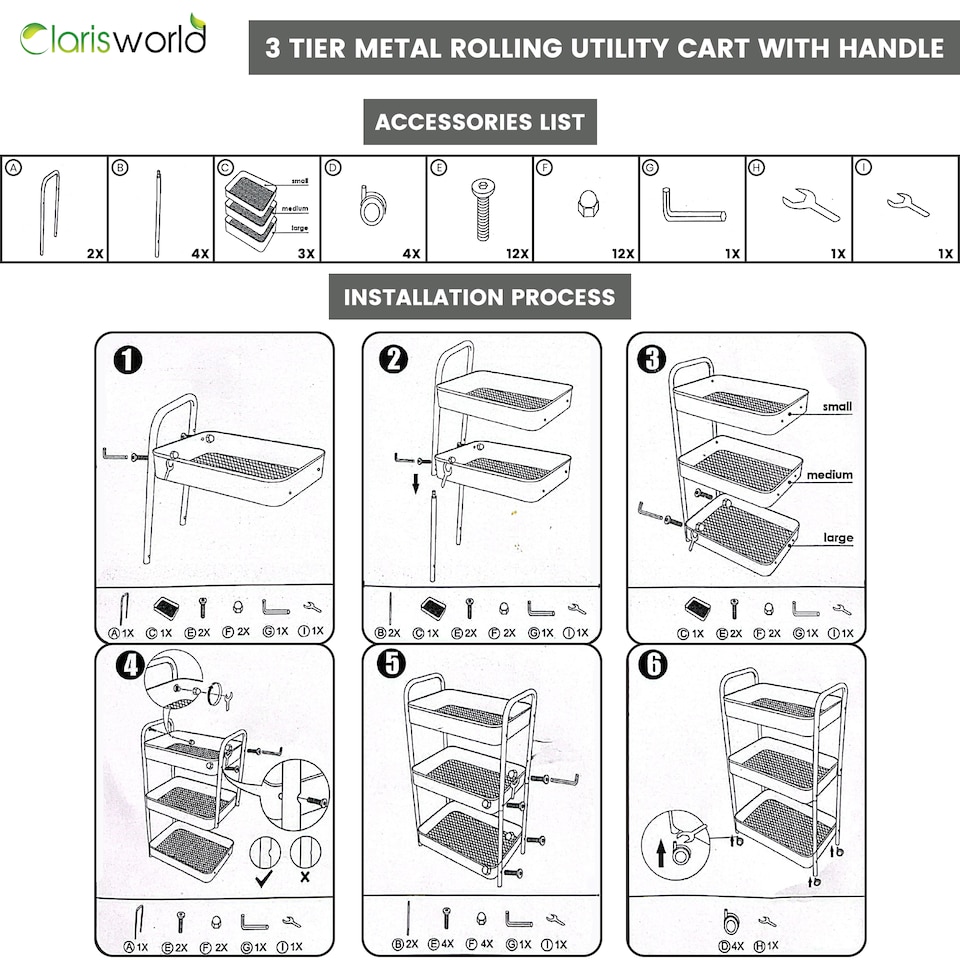 image 1 of Clarisworld 3 Tier Rolling Utility Cart, Metal Storage Trolley with Lockable Wheels & Handles, Mobile Storage Cart Organiser, Storage Rack for Kitchen, Bathroom, Bedroom, Office & Laundry Room