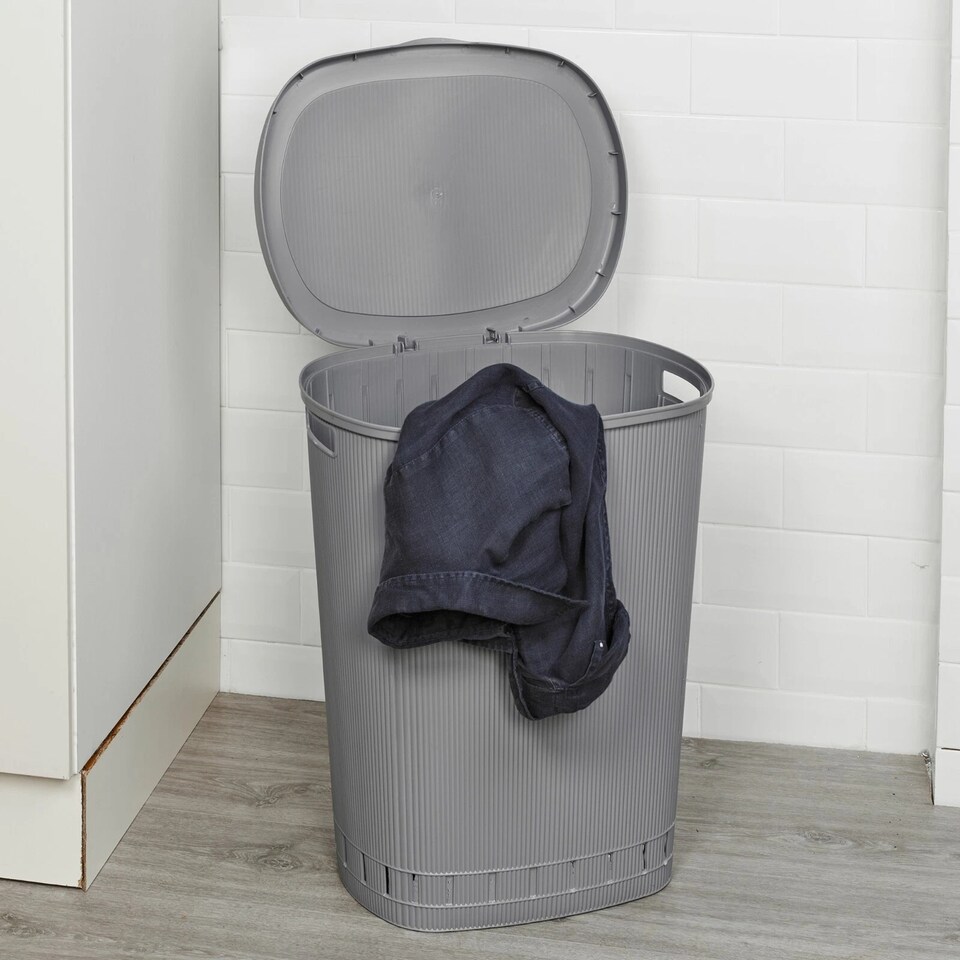 image 1 of 65L Laundry Basket Dirty Washing Clothes Linen Bin Basket with Line Design & Lid | Grey | Grey